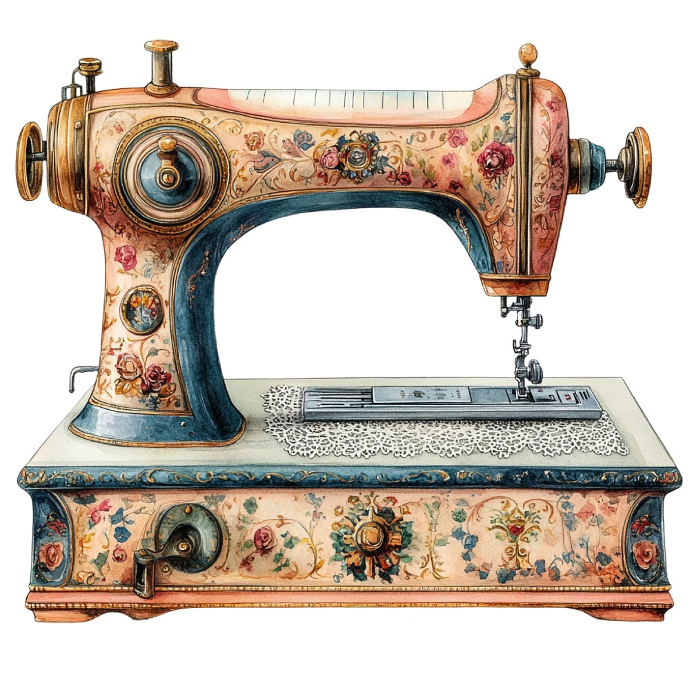 Vintage Sewing Machine Fabric Panel 13 features a detailed, floral-patterned vintage sewing machine illustration on premium quilting cotton.