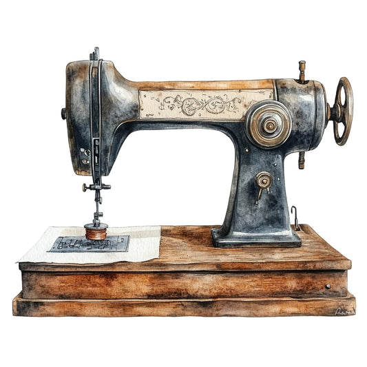 Vintage Sewing Machine Fabric Panel 18 featuring a detailed watercolor illustration of an antique sewing machine on premium quilting cotton.