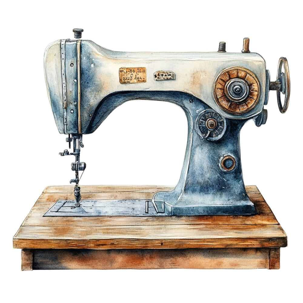 Vintage Sewing Machine Fabric Panel 19 featuring a detailed watercolor illustration of an antique sewing machine on wood.