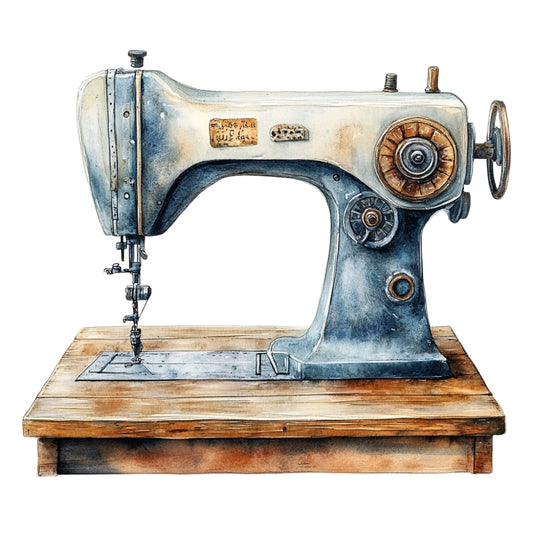 Vintage Sewing Machine Fabric Panel 19 featuring a detailed watercolor illustration of an antique sewing machine on wood.