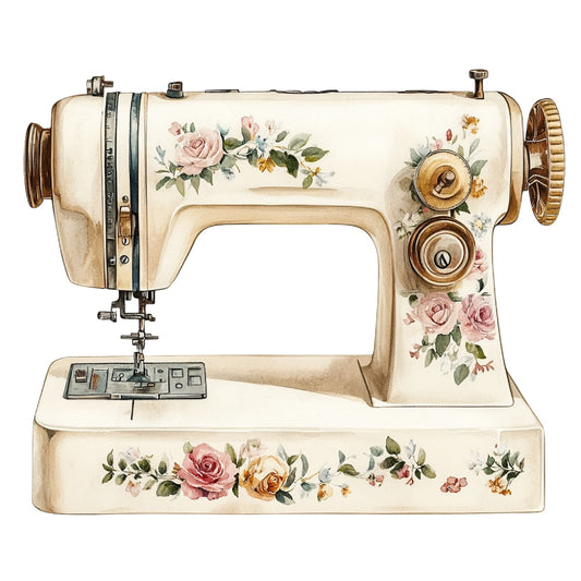 Vintage Sewing Machine Fabric Panel 4 featuring a detailed vintage sewing machine design with floral accents on premium quilting cotton.
