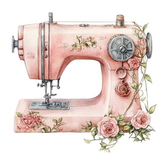 Vintage Sewing Machine Fabric Panel 9 featuring a detailed pink vintage sewing machine with floral rose accents on premium quilting cotton.