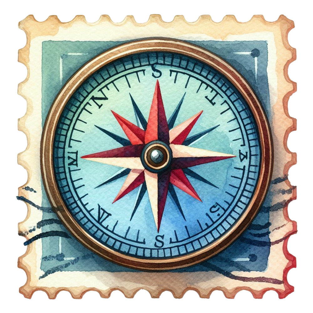 Vintage Travel Stamps Fabric Panel 15 featuring a detailed watercolor compass design on premium quilting cotton fabric.