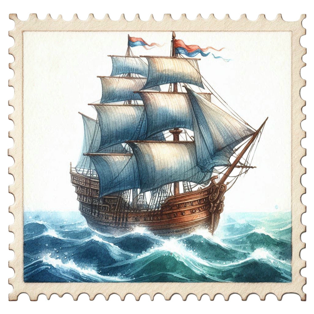 Vintage Travel Stamps Fabric Panel 17 featuring a detailed vintage sailing ship on ocean waves printed on premium quilting cotton.