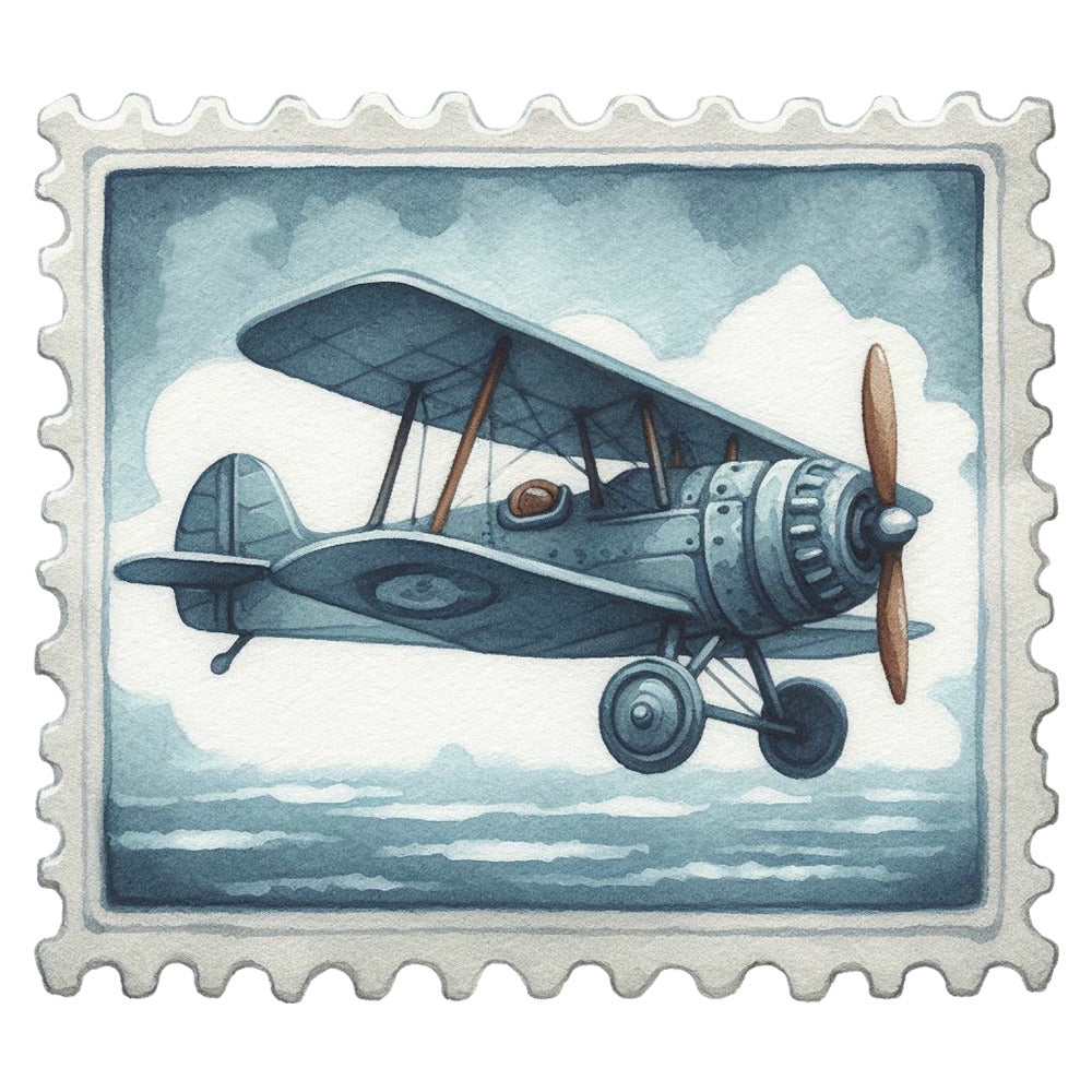 Vintage Travel Stamps Fabric Panel 18 featuring a vintage biplane illustration on premium quilting cotton fabric panel.