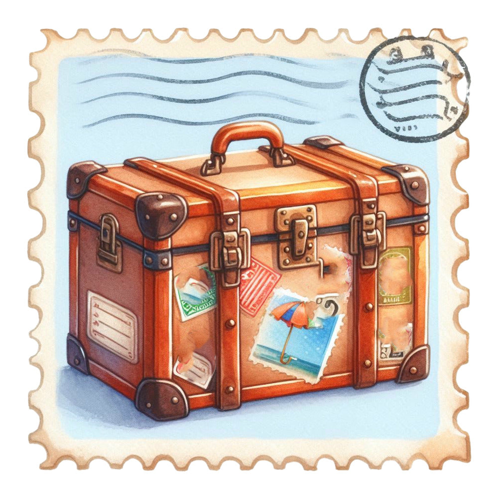 Vintage Travel Stamps Fabric Panel 20 featuring a detailed vintage suitcase with travel stamps on quilting cotton fabric.