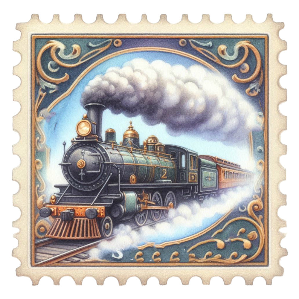 Vintage Travel Stamps Fabric Panel 21 featuring a detailed vintage steam locomotive in ornate stamp design on quilting cotton.