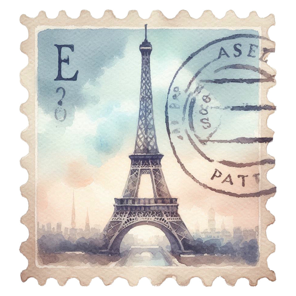 Vintage Travel Stamps Fabric Panel 4 featuring a watercolor Eiffel Tower design in a vintage postage stamp style print.