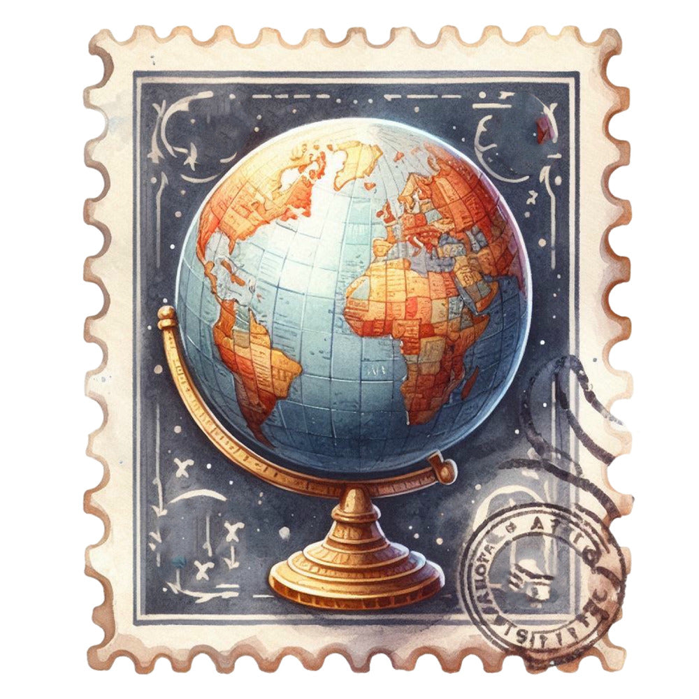 Vintage Travel Stamps Fabric Panel 9 showing a detailed vintage globe on a postage stamp design with travel postmark accents.