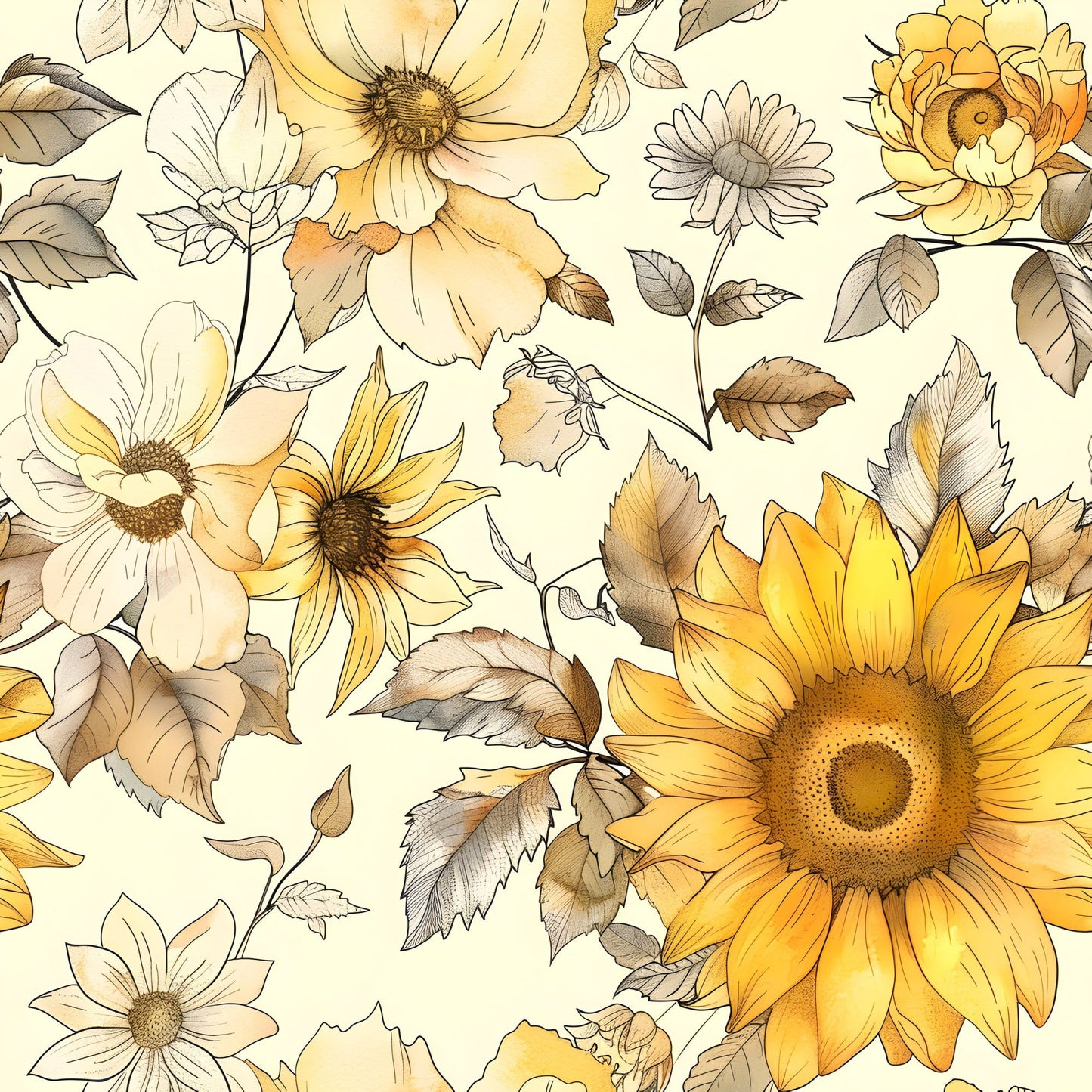 Vintage Autumn Sunflowers Pattern 8 Quilting Cotton Fabric