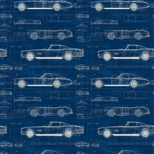 Vintage Car Blueprint Pattern 7 Quilting Cotton Fabric