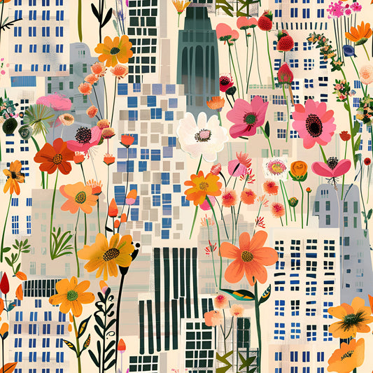 Vintage Cityscape Wildflowers Pattern 6 Quilting Cotton Fabric