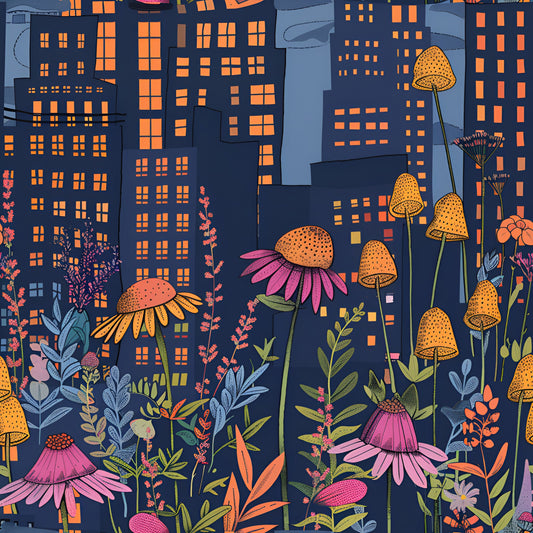 Vintage Cityscape Wildflowers Pattern 9 Quilting Cotton Fabric