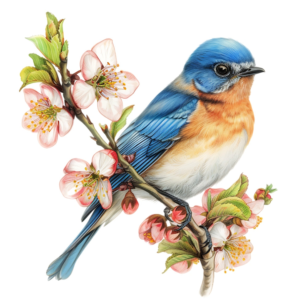 Watercolor Birds on a Branch Fabric Fabric Panel 13 showing a detailed blue and orange bird perched on a flowering branch on premium quilting cotton.