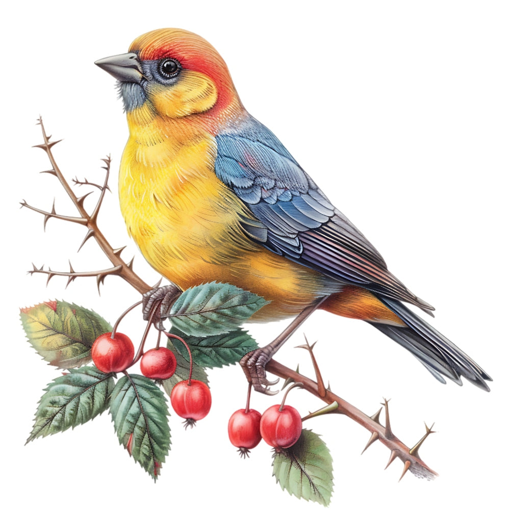 Watercolor Birds on a Branch Fabric Fabric Panel 18 featuring a detailed colorful bird perched on a berry branch in premium quilting cotton.