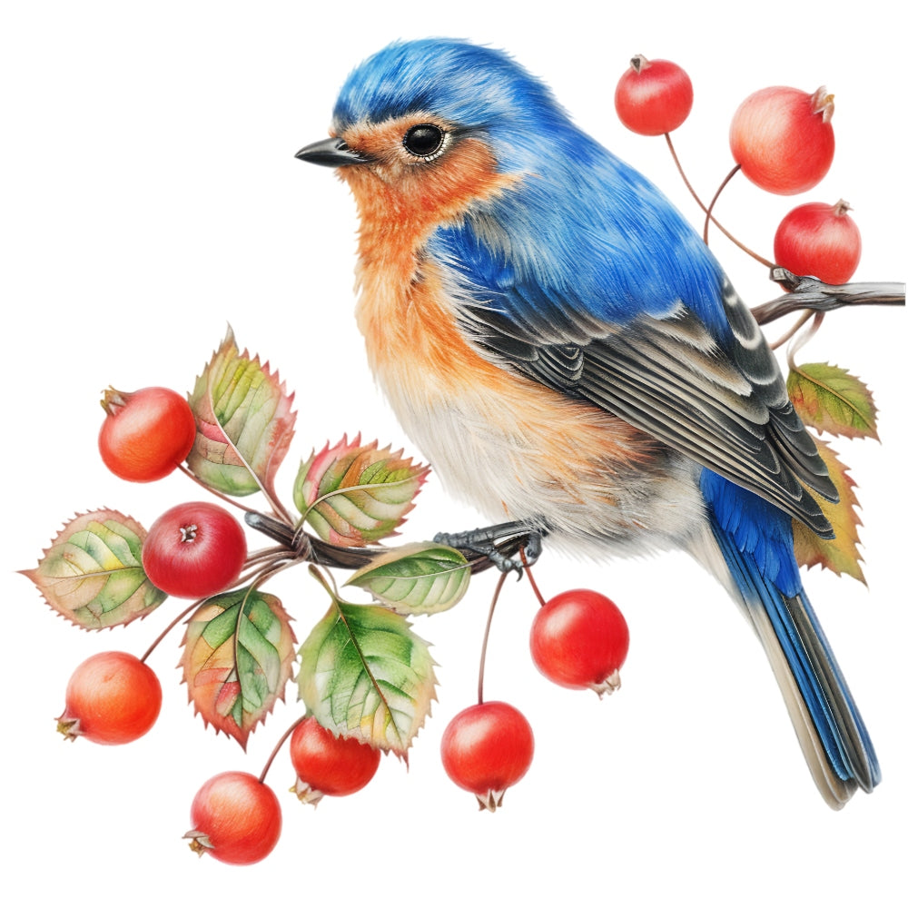 Watercolor Birds on a Branch Fabric Fabric Panel 20 showing detailed bluebird perched on a berry branch with vibrant colors.