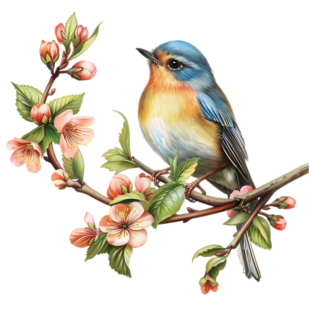 Watercolor Birds on a Branch Fabric Fabric Panel 22 featuring a detailed bird perched on a blooming branch, premium quilting cotton print.