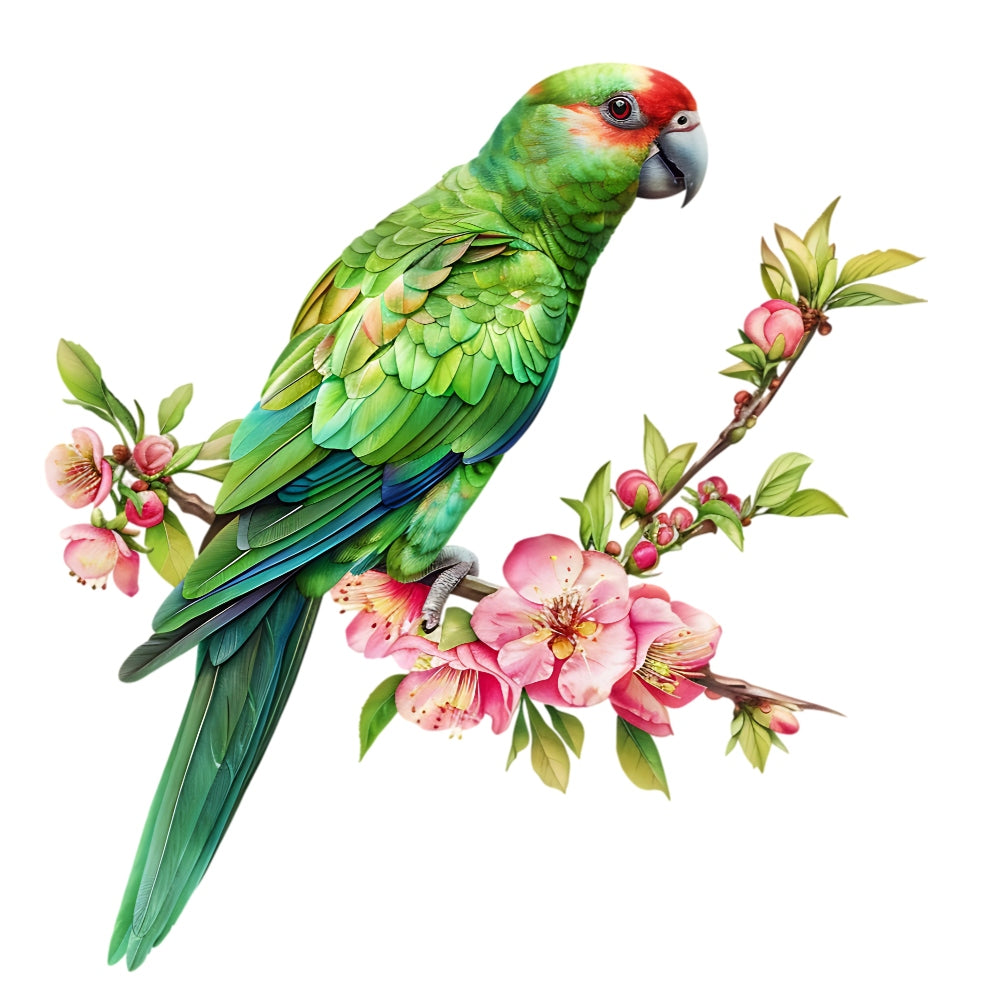 Watercolor Birds on a Branch Fabric Fabric Panel 24 depicting a detailed green parrot perched on a blossoming branch with pink flowers.