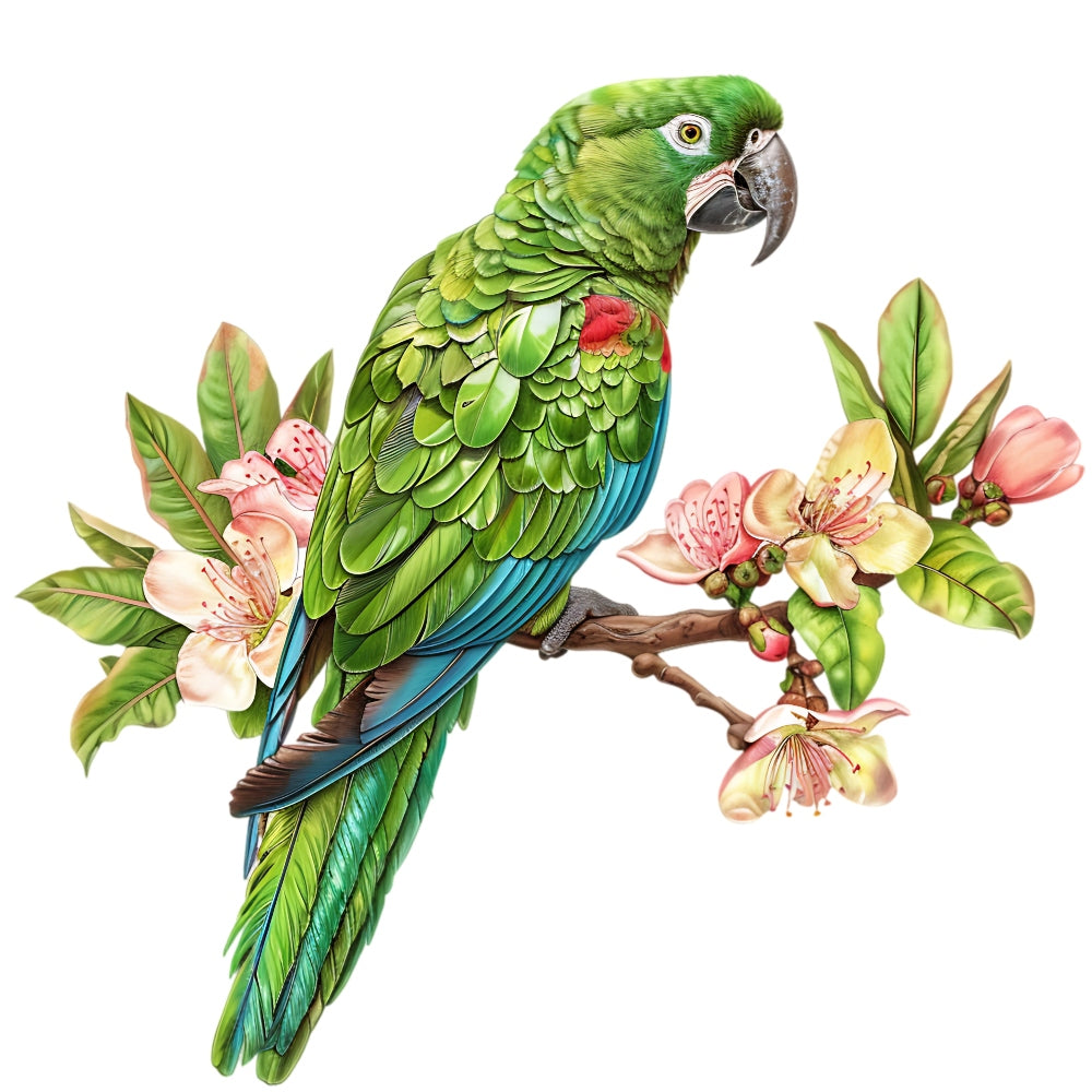 Watercolor Birds on a Branch Fabric Fabric Panel 26 featuring a detailed green parrot perched on a flowering branch with pink blossoms.