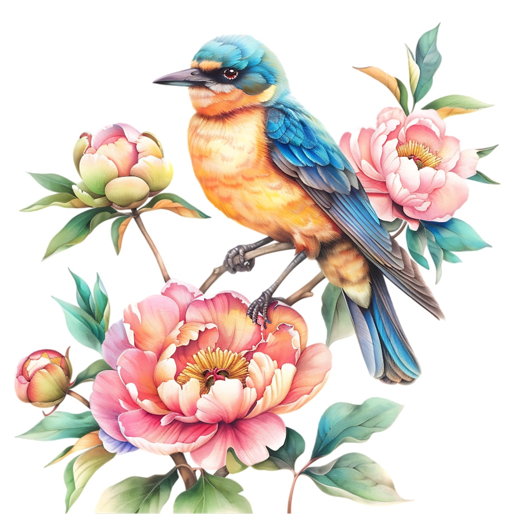 Watercolor Birds on a Branch Fabric Fabric Panel 3 featuring a colorful bird perched on a branch with pink flowers and green leaves.