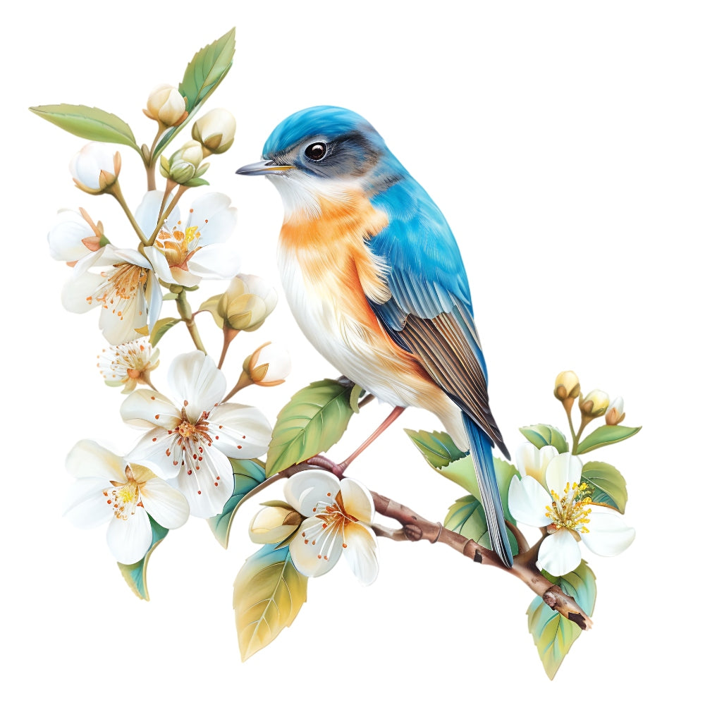 Watercolor Birds on a Branch Fabric Fabric Panel 5 with vibrant bluebird perched on blooming branch, premium quilting cotton print.