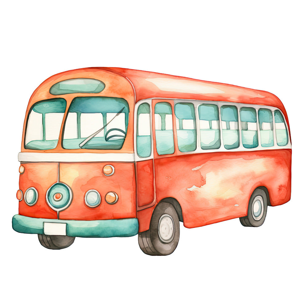 Watercolor Bus Fabric Panel featuring a detailed orange vintage bus design on premium quilting cotton fabric.