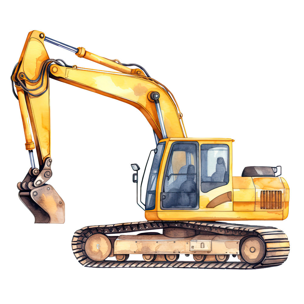 Watercolor Excavator Fabric Panel featuring a detailed yellow excavator illustration on premium quilting cotton fabric.