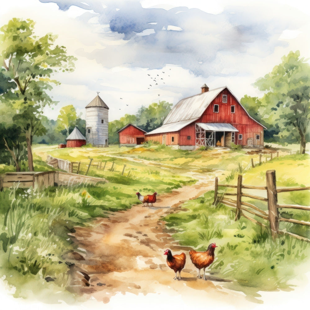 Watercolor Farm Life Fabric Panel 10 showing a rustic red barn, silos, greenery, and chickens on a dirt path in a serene farm setting.