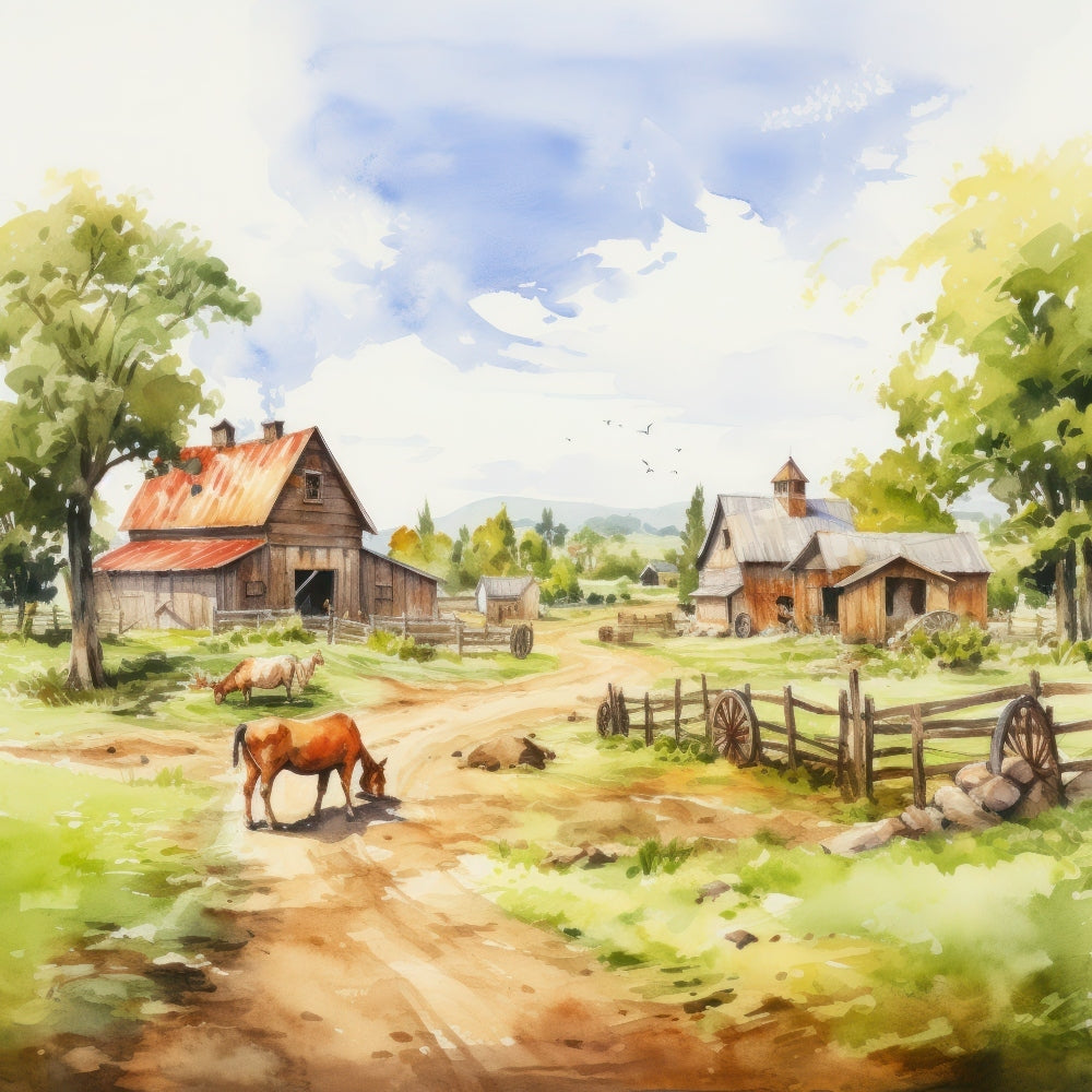 Watercolor Farm Life Fabric Panel 11 featuring a serene rural scene with barns, grazing cows, trees, and blue skies.