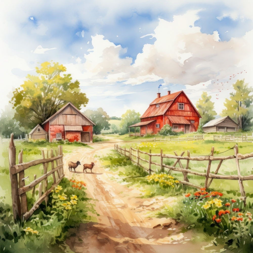 Watercolor Farm Life Fabric Panel 12 showing a peaceful rural farm scene with red barns, animals, dirt path, and vibrant greenery under blue sky.