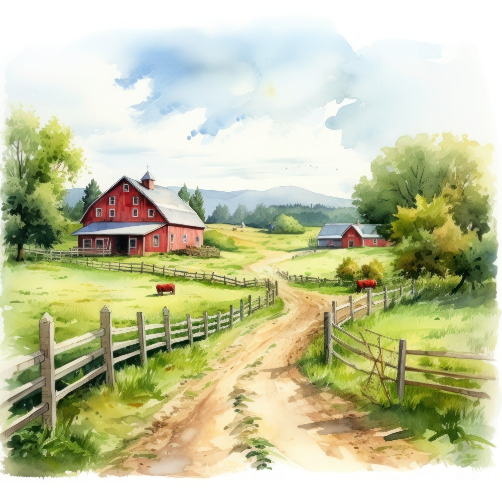 Watercolor Farm Life Fabric Panel 18 shows a peaceful rural scene with red barns, winding dirt road, and green fields in soft watercolor hues.