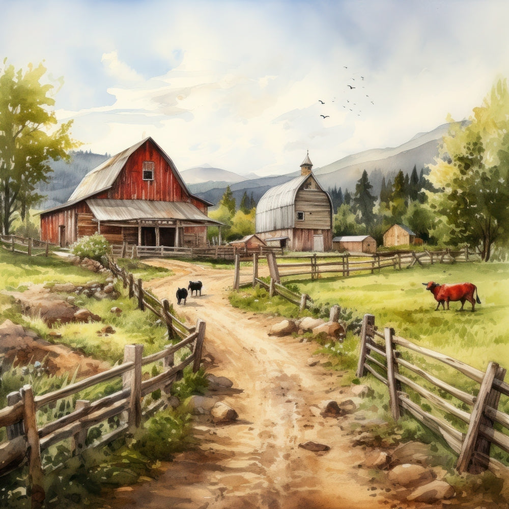 Watercolor Farm Life Fabric Panel 2 showing a rustic red barn, cows, wooden fences, and countryside landscape in soft watercolor tones.