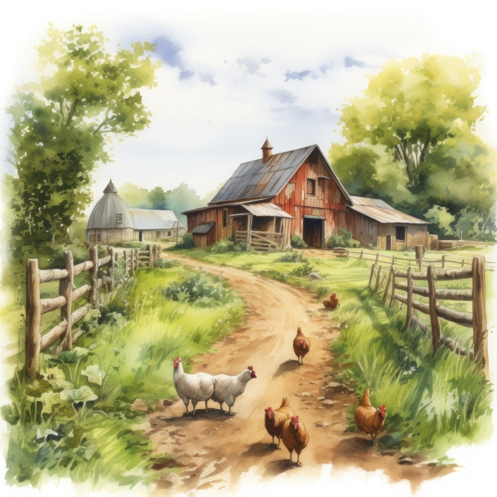Watercolor Farm Life Fabric Panel 6 showing a rustic barn, dirt path, wooden fences, trees, and free-range chickens in a peaceful farm setting.