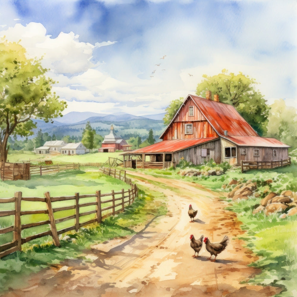 Watercolor Farm Life Fabric Panel 8 depicting a rustic barn, dirt path, wooden fences, chickens, and countryside landscape in soft watercolor.