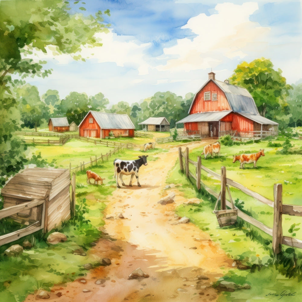 Watercolor Farm Life Fabric Panel 9 featuring a vibrant rural scene with red barns, cows, green pastures, and a winding dirt path.