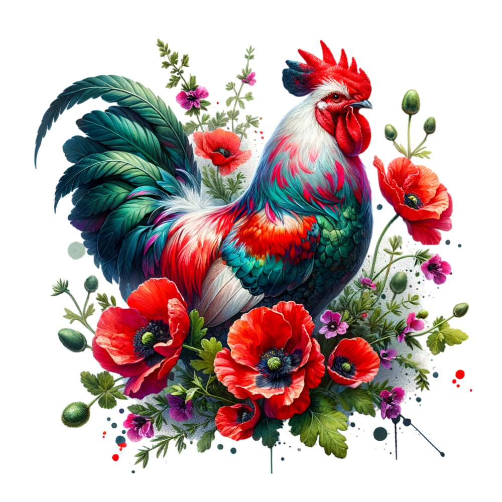 Watercolor Floral Chicken Fabric Panel 10 featuring a vibrant rooster with colorful feathers and bright red flowers on premium cotton.