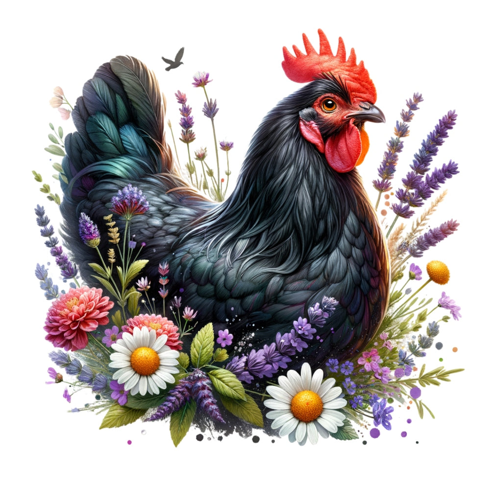 Watercolor Floral Chicken Fabric Panel 11 featuring a detailed black chicken surrounded by vibrant wildflowers on a white background.