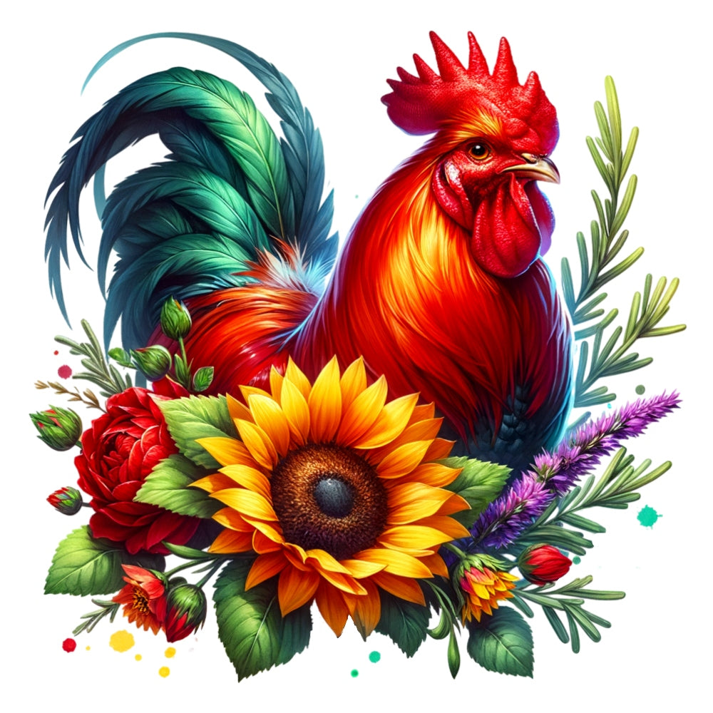 Watercolor Floral Chicken Fabric Panel 12 featuring vibrant rooster with sunflower, red rose, and lavender painted in detailed watercolor style.