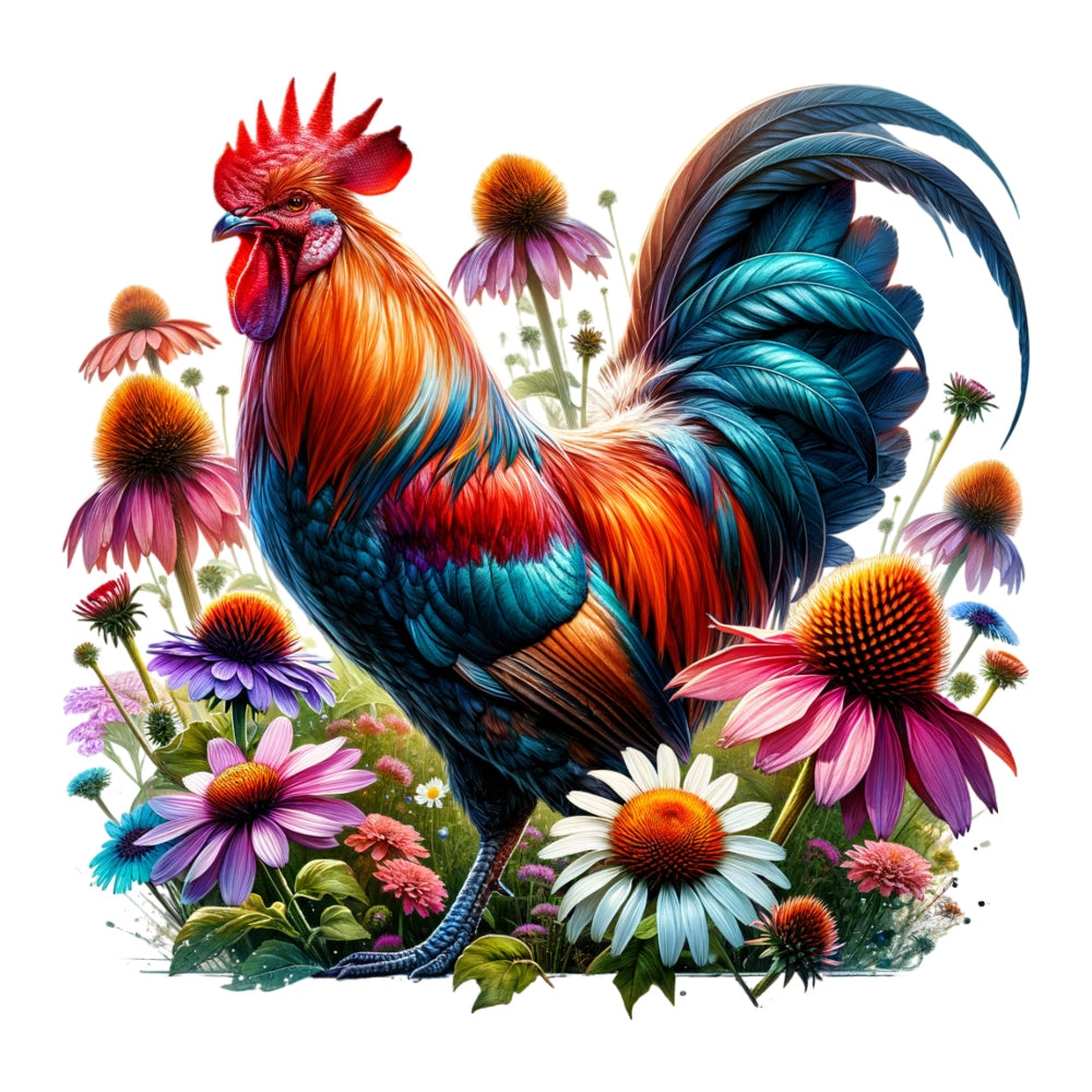 Watercolor Floral Chicken Fabric Panel 2 featuring a vibrant rooster surrounded by colorful blooming flowers on premium cotton fabric.