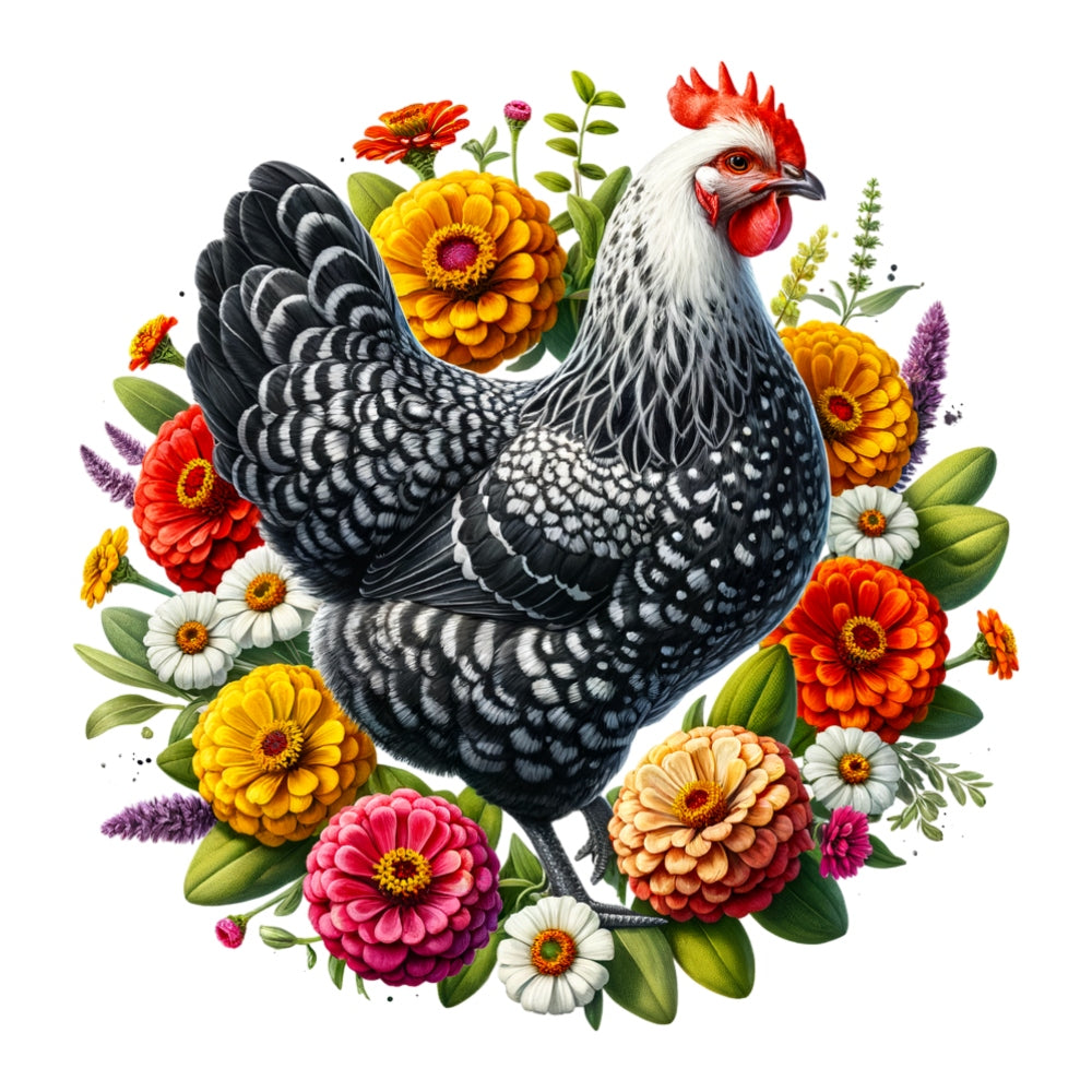 Watercolor Floral Chicken Fabric Panel 9 featuring detailed black and white chicken surrounded by vibrant colorful flowers on white background.