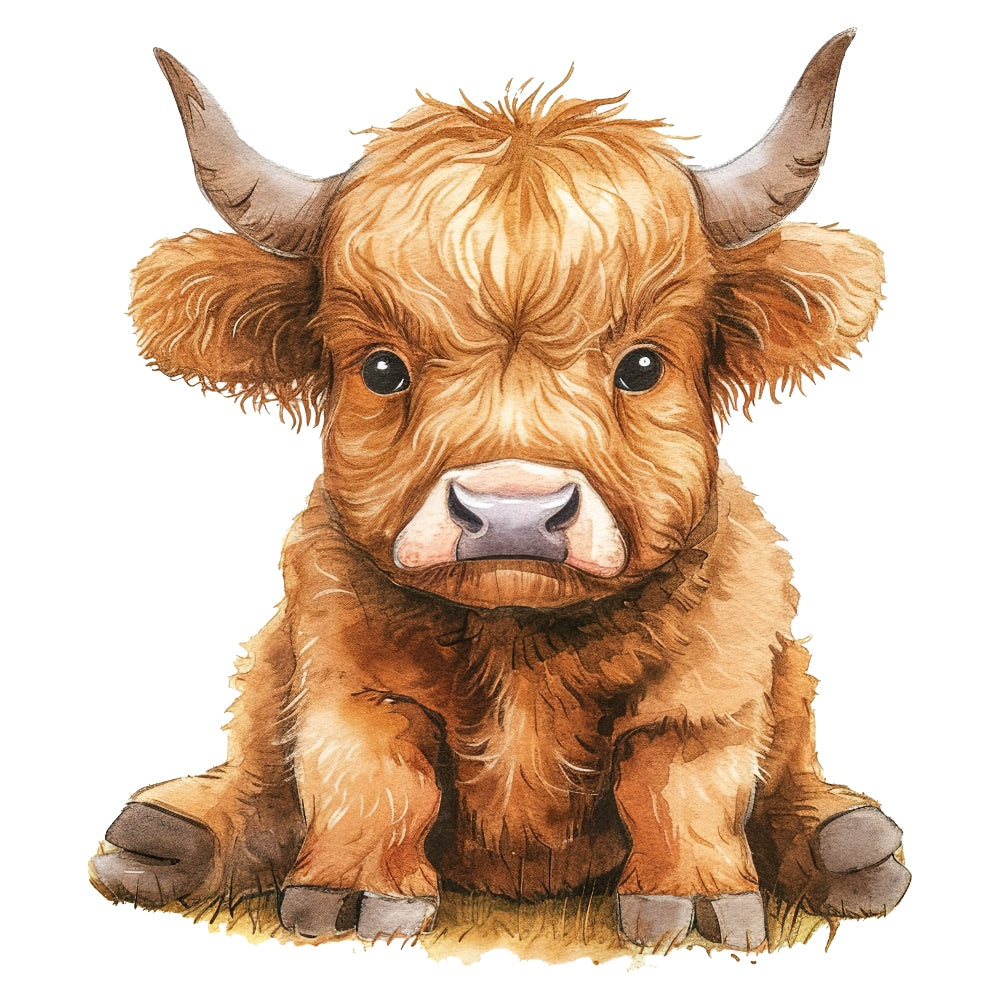 Watercolor illustration of a baby Highland cow with detailed fur on premium fabric panel titled Watercolor Highland Cow Fabric Panel 2.