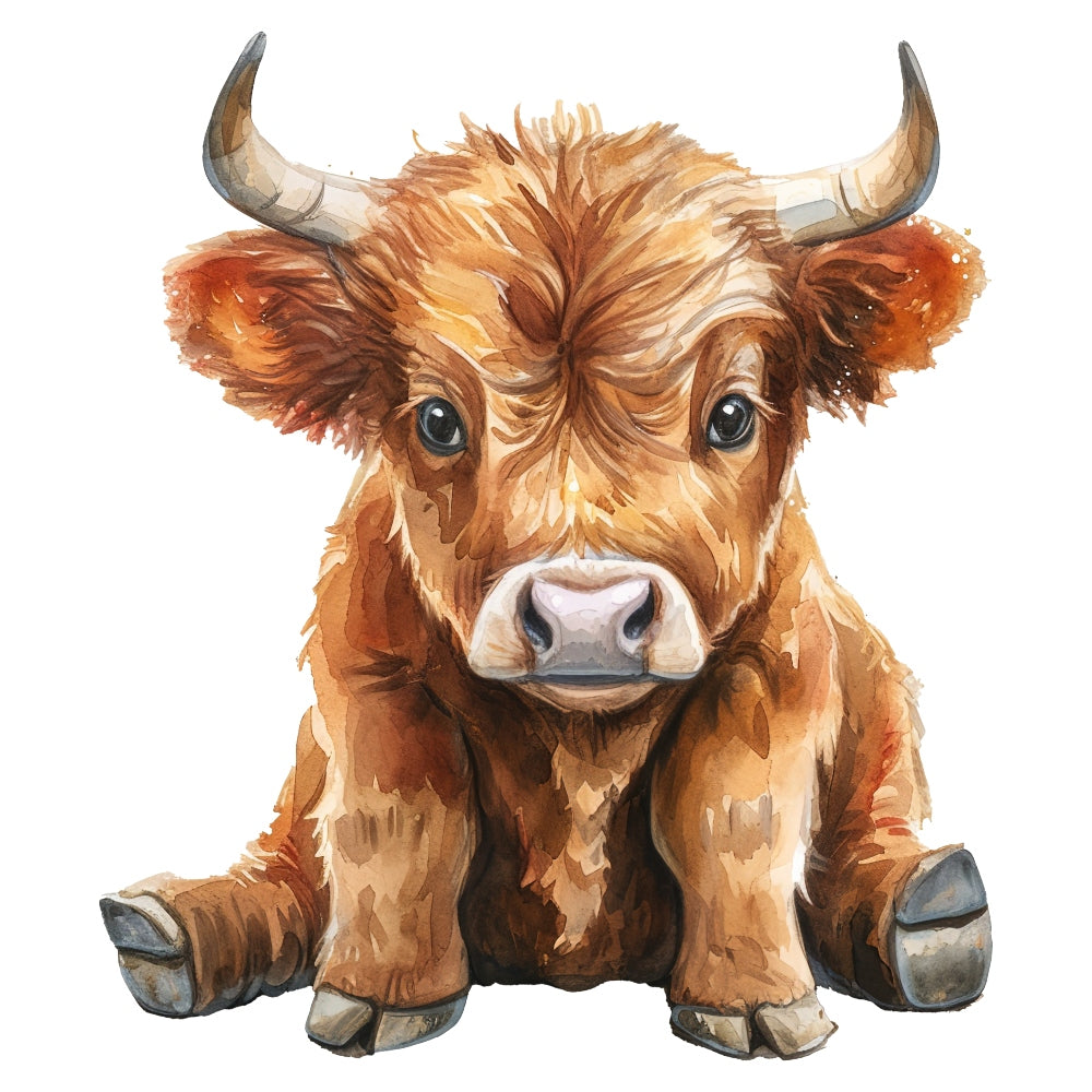 Watercolor Highland Cow Fabric Panel 7 featuring a detailed, soft, and vibrant illustration of a Highland cow calf in premium quilting cotton.
