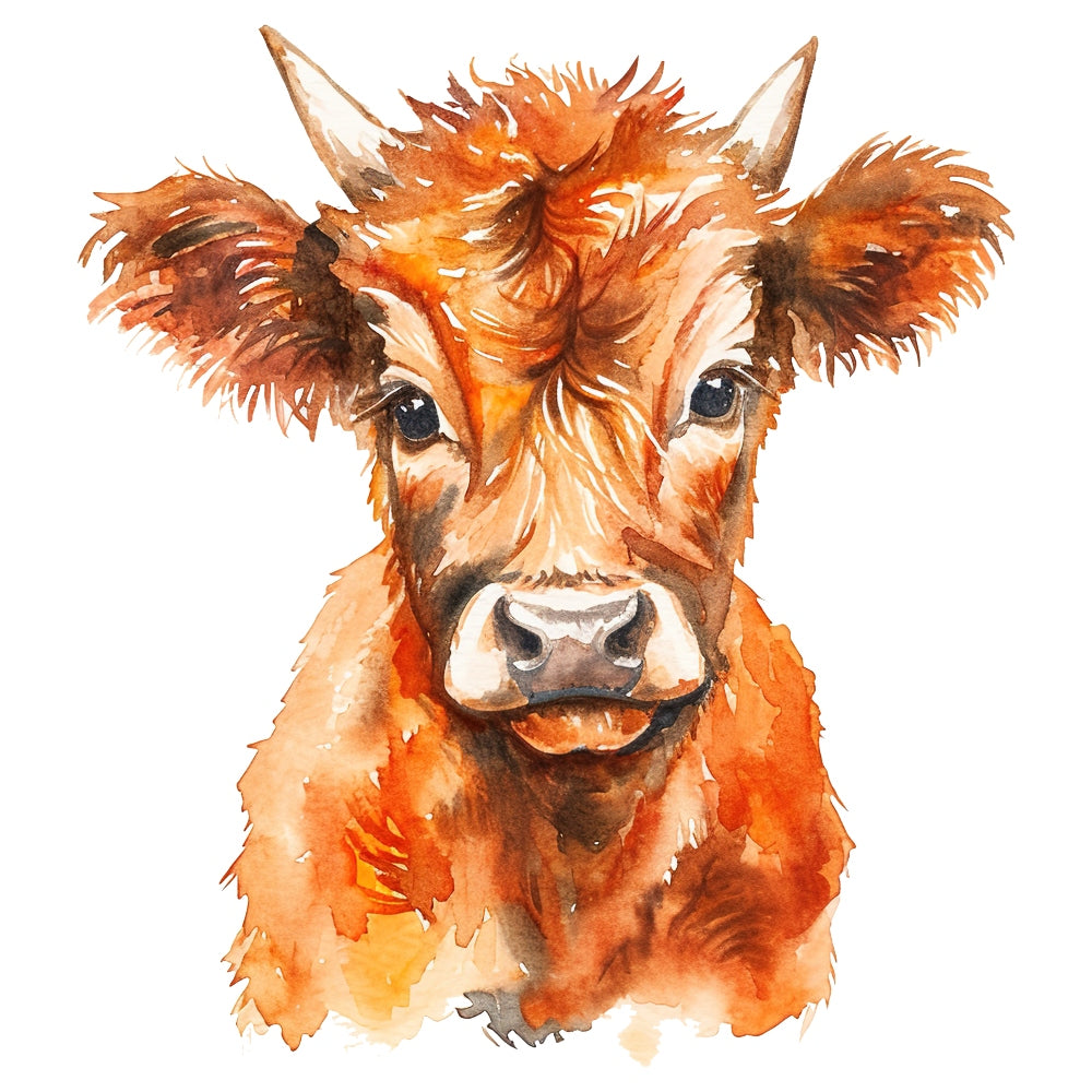 Watercolor Highland Cow Fabric Panel 9 featuring a detailed, vibrant watercolor illustration of a Highland cow’s face on premium cotton fabric.
