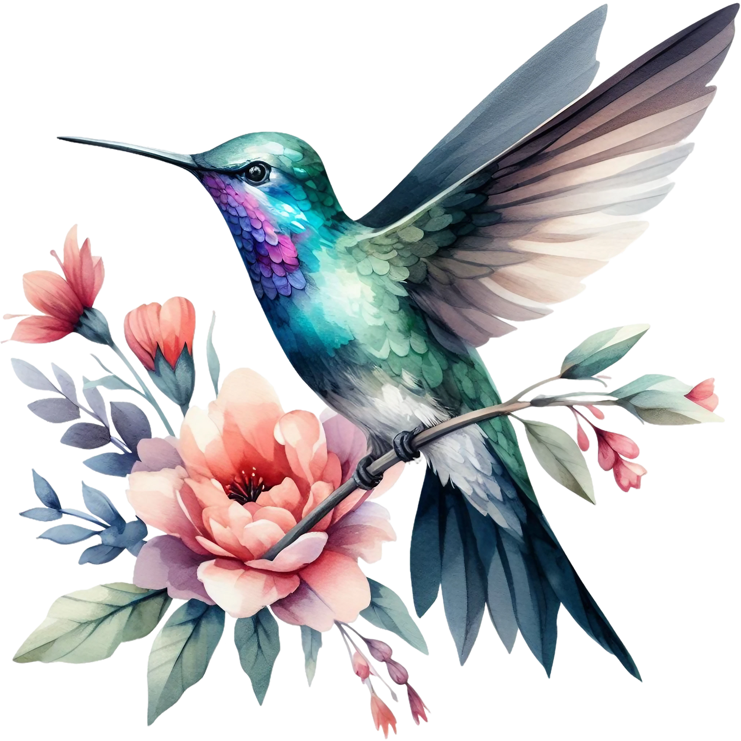 Watercolor Hummingbird Floral Fabric Panel 1 featuring a detailed colorful hummingbird perched on soft pastel flowers.