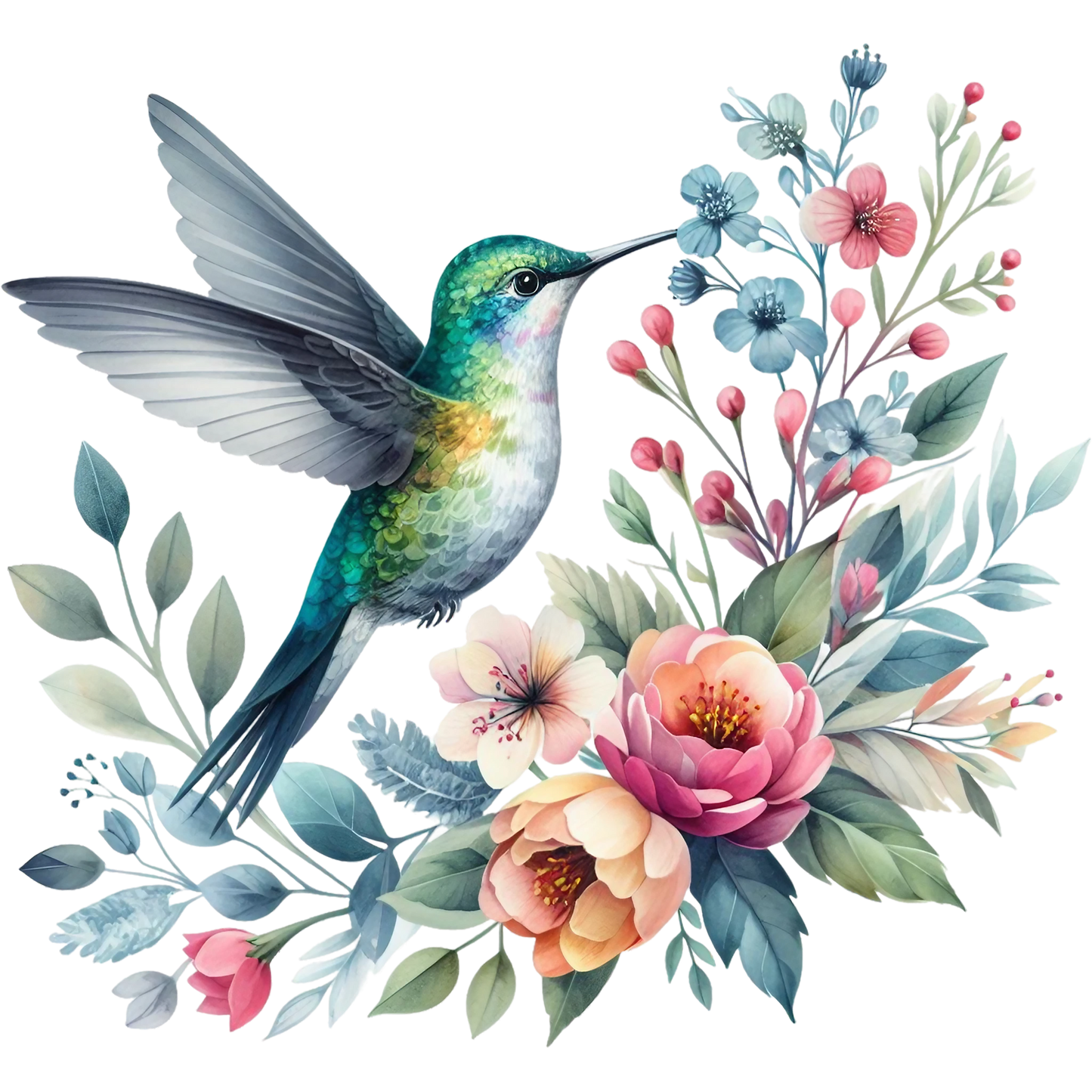 Watercolor Hummingbird Floral Fabric Panel 10 featuring a detailed hummingbird and vibrant flowers on premium quilting cotton.