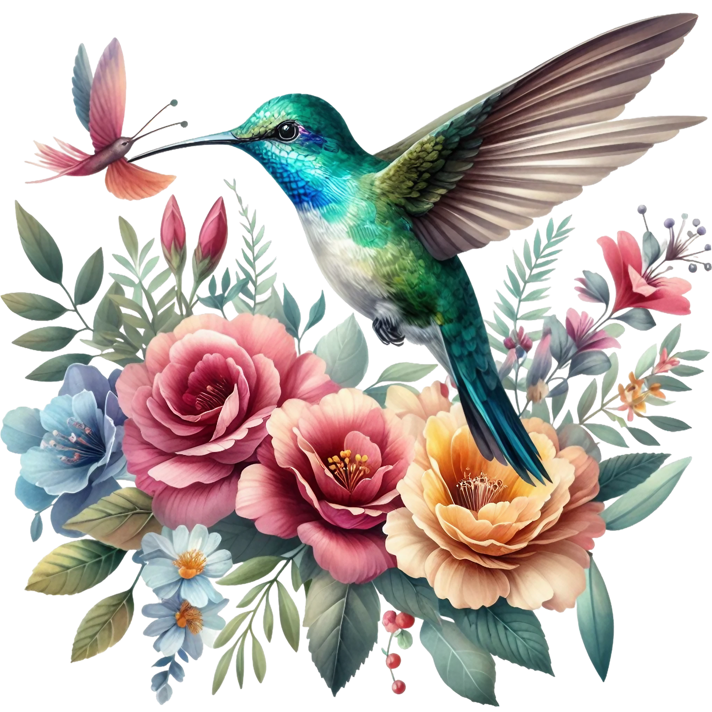 Watercolor Hummingbird Floral Fabric Panel 11 featuring a vibrant hummingbird with detailed feathers surrounded by colorful blooming flowers.