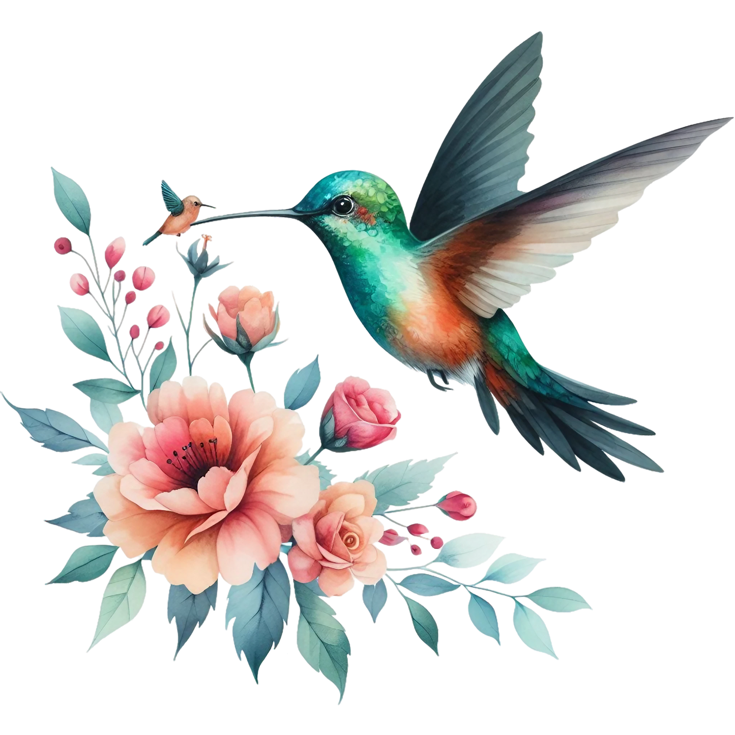 Watercolor Hummingbird Floral Fabric Panel 13 featuring a vibrant hummingbird and pastel floral bouquet in premium quilting cotton.