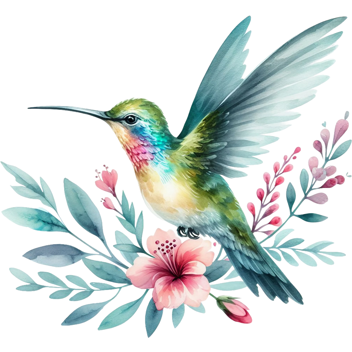 Watercolor Hummingbird Floral Fabric Panel 14 featuring a detailed hummingbird with pastel flowers and leaves in soft blue and pink tones.