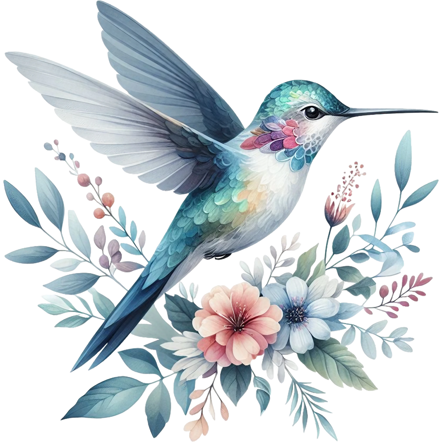 Watercolor Hummingbird Floral Fabric Panel 15 featuring a detailed hummingbird with pastel flowers and leaves in soft quilting cotton colors.