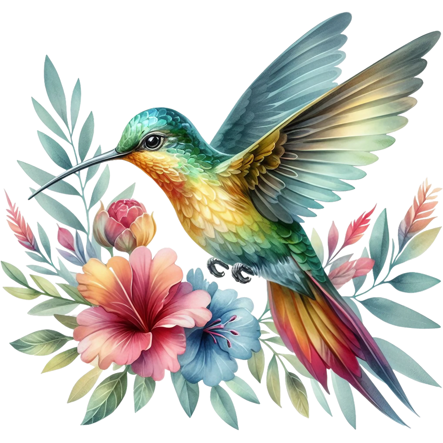 Watercolor Hummingbird Floral Fabric Panel 16 with vibrant multicolor hummingbird and detailed pastel flowers on premium quilting cotton.